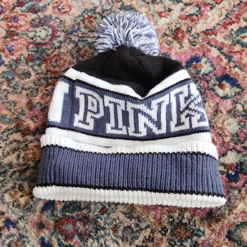 PINK Victoria's Secret Striped Beanie - Black, White, and Blue